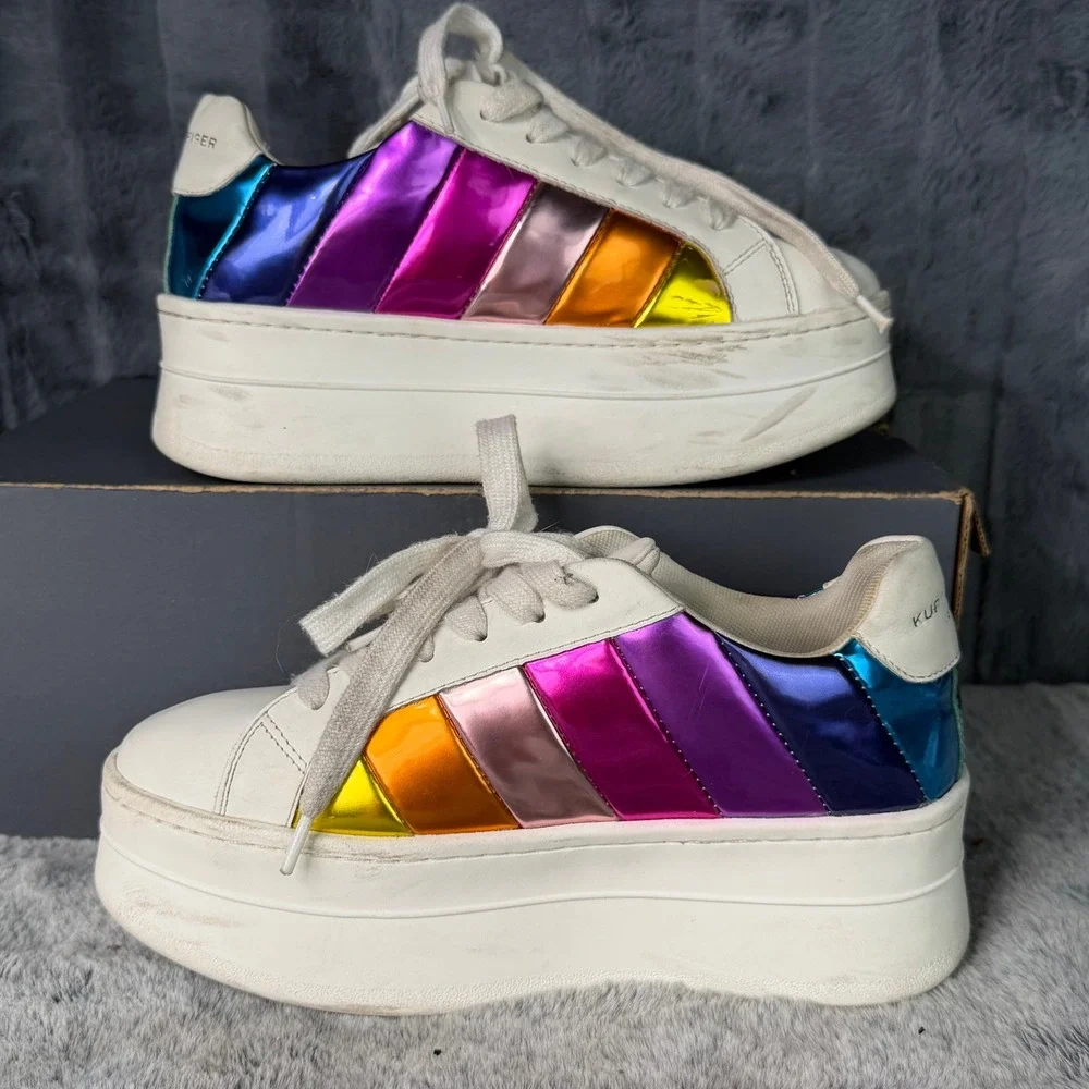 Kurt Geiger London Platform Sneakers Womens 38 White Rainbow Metallic Leather - Picture 2 of 9